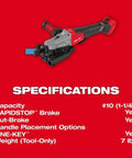 Milwaukee M18 FUEL 3675-20 Brushless Cordless Rebar Cutter with specifications for #10 1-1/4 inch steel rod, 7 lbs weight.
