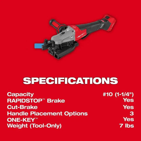 Milwaukee M18 FUEL 3675-20 Brushless Cordless Rebar Cutter with specifications for #10 1-1/4 inch steel rod, 7 lbs weight.