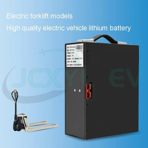 JCXYL 48V Electric Pallet Jack Lithium Ion Forklift Battery showing side view and connector with handle for easy installation.