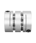 Clamp-tight motor shaft coupling, silver, 10mm x 19mm, 2-diaphragm, side view.