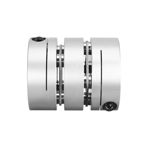 Clamp-tight motor shaft coupling, silver, 10mm x 19mm, 2-diaphragm, side view.