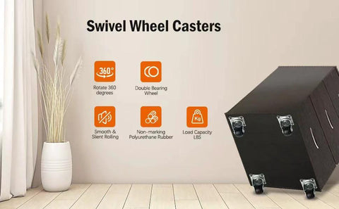 Cofufu low-profile plastic caster wheels, 1-in black, 4-pack installed on a cabinet