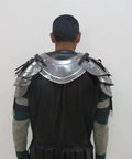 Back view of Medieval Gorget And Pauldrons Armor Set In Steel For Larp And SCA Knights, Battle Ready Viking Crusader Style.