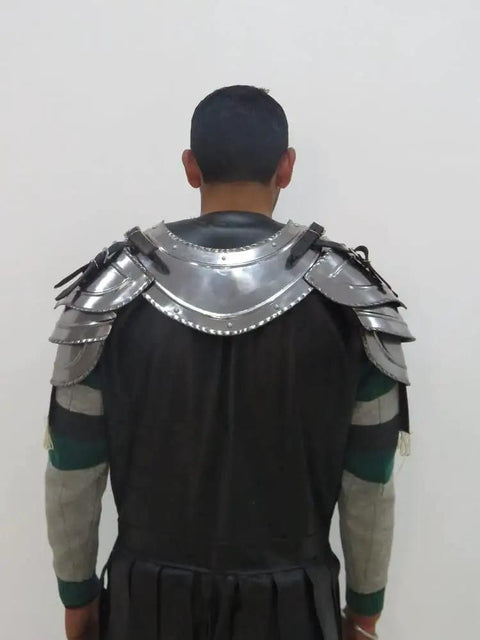 Back view of Medieval Gorget And Pauldrons Armor Set In Steel For Larp And SCA Knights, Battle Ready Viking Crusader Style.