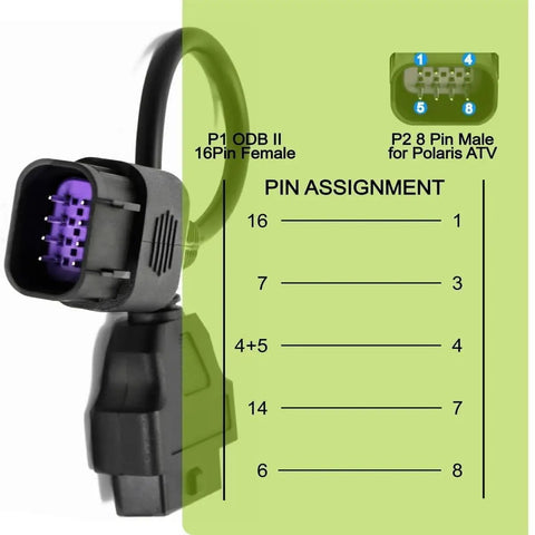 8 Pin To 16 Pin OBD2 Cable Adapter For ATVs And Motorcycles showing pin assignment diagram and connectors