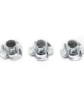 Heavy Duty Four Claw Captive Nut Inserts Made From Rugged Zinc Coated Steel, three inserts showing solid grip for wood and metal.