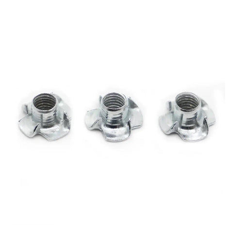 Heavy Duty Four Claw Captive Nut Inserts Made From Rugged Zinc Coated Steel, three inserts showing solid grip for wood and metal.