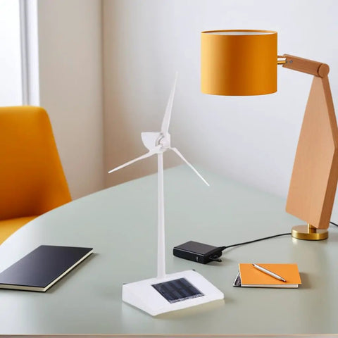 Desktop Solar Wind Turbine Model For Kids Kid Friendly STEM Toy Educational Windmill Made From ABS Plastic Solar Powered Cool Desk Decor Realistic Mini Turbine For Home Office Eco Friendly Science Gift, white on desk
