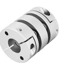 Front view of aluminum alloy shaft coupling with split clamp and set screws