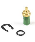 Engine coolant temperature sensor with green plastic housing and brass tip; includes O-ring and clip.
