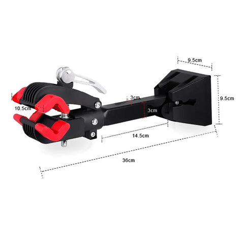 Wall Mount Bike Repair Stand for Garage Tinkering and DIY Tuneups, sturdy steel workstand, folding clamp with measurements shown