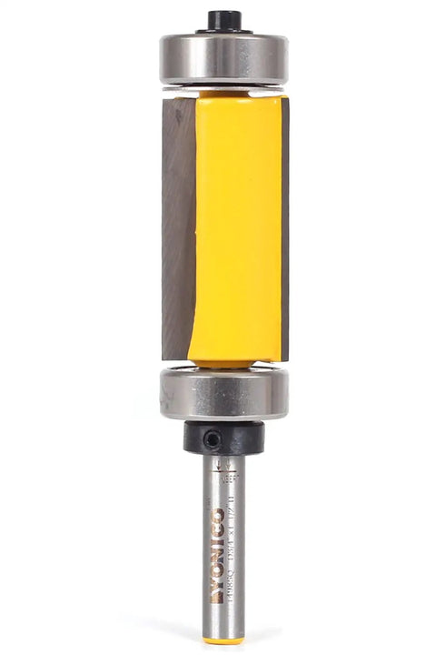 High Performance Dual Bearing Flush Trim Router Bit Featuring Top Shelf Tungsten Carbide Teeth, 38mm tall, 19mm wide, 6mm shaft.