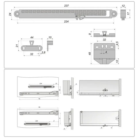 Real Smooth As Butter Cabinet Drawer Slides One Pair Heavy Duty Soft Closing Dampers Zero Hassle Installation Silent Shutting Track dimensions diagram.