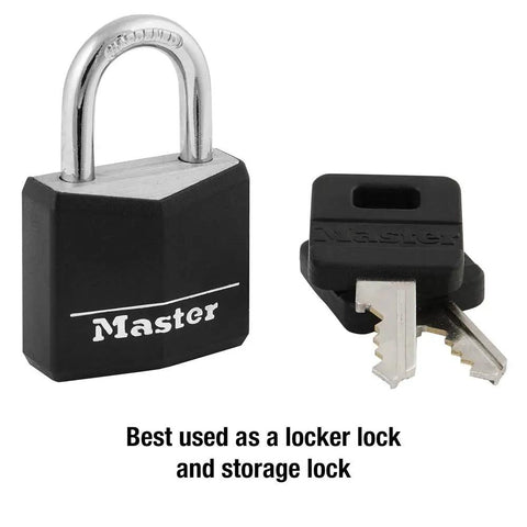 1-3/16 Inch Wide Covered Aluminum Keyed Padlock In Black With Vinyl Cover and keys, designed for lockers and storage security.