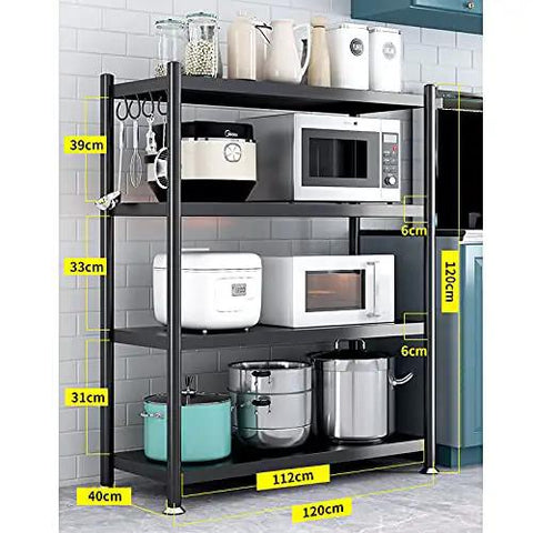 Four Tier Metal Storage Rack Adjustable Shelf Organizer With Leveling Feet For Garage Kitchen And Bathroom Heavy Duty Wire Shelving Unit Built Tough To Knock The Clutter Out And Keep Your Home Tight And Stress Free with three microwaves and cookware.