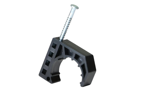 Close-up of a plastic J Clamp with nail for three quarter inch PEX copper CPVC tubing, designed for fast secure install.