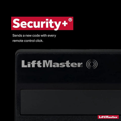 Close-up of LiftMaster remote featuring Security+ text, indicating the secure operation of the 371LM Garage Door Remote With Visor Clip One Button OEM Replacement Compatible With Sears And Craftsman Openers Purple Learn Button Turns Lights On Off Easy Setup No Brainer Replacement For Lost Or Broken Remotes And Quick DIY Install.