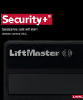 LiftMaster garage door opener remote, Security+ feature highlighted, black design, compatible with 315MHz Purple Learn Button systems.