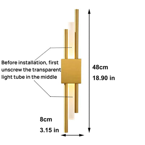 Dimensions of the NICRX 2 Pieces Modern Gold LED Wall Sconce, 48cm tall, showing geometric design and installation instructions.
