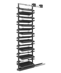 Slick Vertical Pull Out Shoe Rack Heavy Duty Metal Kickers Organizer with staggered sixteen tiers and smooth glide rails.