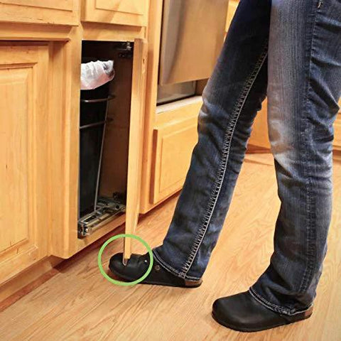 Person using Hands Free Cabinet Door Opener Foot Pull Adhesive Toe Kick 4 Pack No Touch Access solution in kitchen