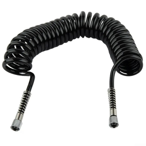 Heavy Duty 3 Meter PU Coiled Airbrush Hose With Secure One Inch Couplers For Car Detailing Spray Painting And Art Projects Featuring Kink Free Flexible Tube That Stays Tidy On The Job Site Every Time, black coiled hose with metal couplers