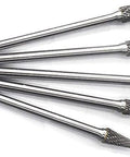 Carbide burrs set, 5 pcs, 1/4 in shank, double-cut tungsten carbide rotary file bits for die grinders.