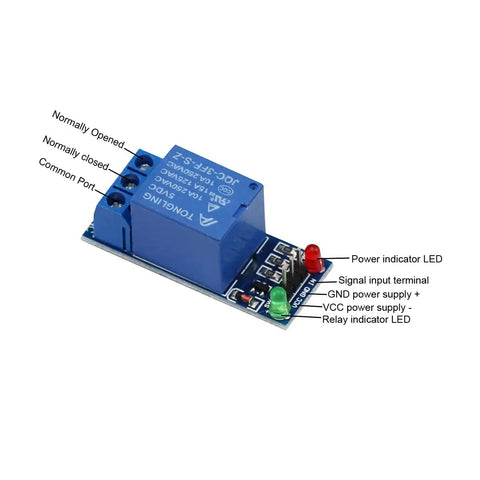 Three Pack 1 Channel 5V Relay Module Shield Extension Board Low Level Trigger For Electronics Projects, Supports AC Up To 250V At 10A And DC Up To 30V At 10A, Perfect For Arduino Raspberry Pi DIY Pros. Close-up view showing power indicator LED, signal input terminal, and relay components.