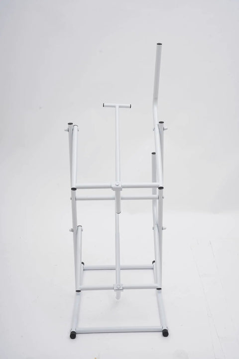 Heavy Duty Dual Pail Tipper Rack Hella Tough Steel Bucket Holder Smooth Lever Dump Stand for Workshop Warehouse Job Site viewed from the top.