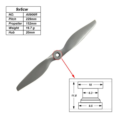 2 Vane Direct Drive Nylon RC Propeller Set in Gray with Adapter Rings, 9x6 CW size, includes technical specifications and dimensions.