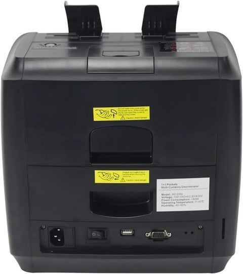 Back view of Professional Cash Counter Machine With Smart Dupe Detector And Automatic Bill Sorter Handles Mixed Denominations.