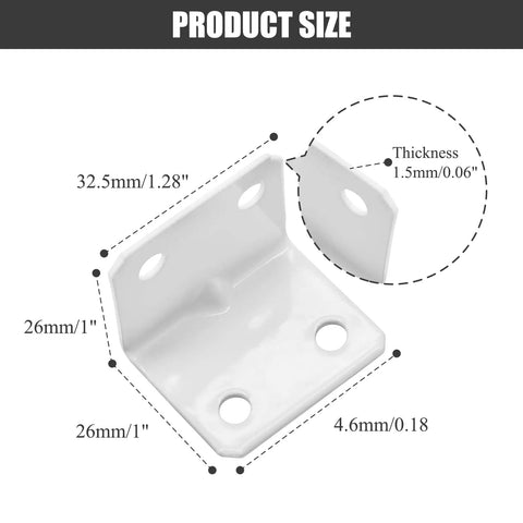 12 Pack White Powder Coated Steel L Corner Braces With Phillips Screws, dimensions shown for frame reinforcement.