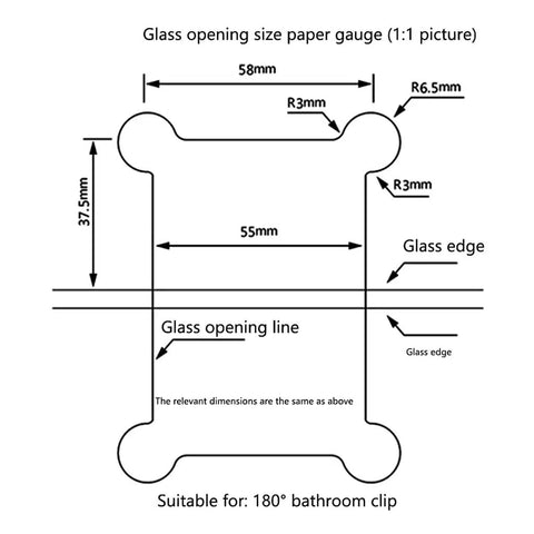 Diagram showing dimensions for installing Stainless Steel Wall Mounted Black Glass Shower Door Hinge 180 Degree Hardware For Modern Bathrooms.