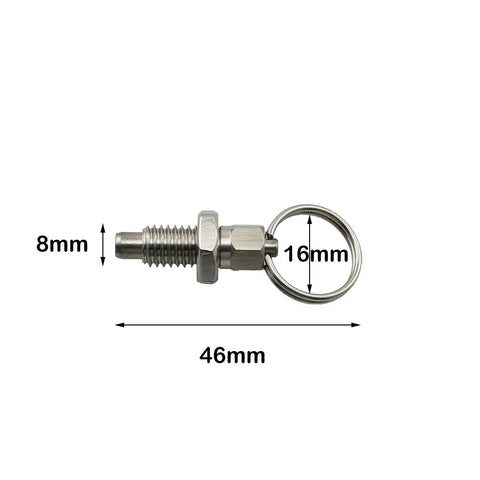 Two Pack M8 Spring Index Plunger With Pull Ring 304 Stainless Steel, 46x16x8mm, shown with pull ring detail.