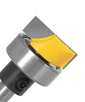 Close-up of One Quarter Inch Shank Flush Trim Router Bit With Bearing for Hinge Mortising, steel body, yellow tungsten carbide cutter.