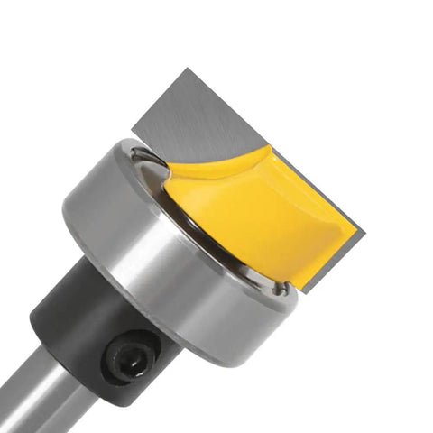 Close-up of One Quarter Inch Shank Flush Trim Router Bit With Bearing for Hinge Mortising, steel body, yellow tungsten carbide cutter.