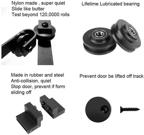 Components of Bypass Sliding Barn Door Hardware Kit For Low Ceiling Six Point Six Feet Rail System, showing rollers and stops.