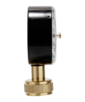Side view of Garden Hose Pressure Gauge 0 To 200 Psi Drag Pointer Two And A Half Inch Dial Three Quarter Inch Female Thread Easy Read For Home Irrigation And House Water Lines Brass Inside Steel Case