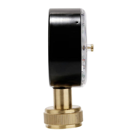 Side view of Garden Hose Pressure Gauge 0 To 200 Psi Drag Pointer Two And A Half Inch Dial Three Quarter Inch Female Thread Easy Read For Home Irrigation And House Water Lines Brass Inside Steel Case