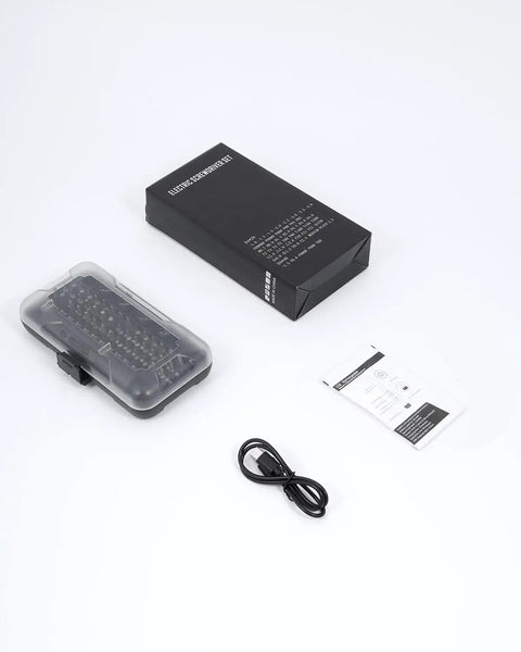 Box and contents of 47 Magnetic Bits Mini Electric Screwdriver Kit With Bright LED Light, instruction manual, and USB cable.