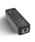 Ultimate ToVi Dante Optical Encoder Turns Toslink Into Network Streaming With Dual Channel Audio Over Ip For Pro A V Systems Featuring Low Latency And PoE Or Usb Power, black device with Ethernet port.