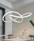 Dimmable LED Pendant Light With Irregular Ring Design, Remote Control, White Finish, Modern Sleek Chandelier Over Dining Table