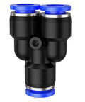 Pneumatic Fittings Quick Connect Push In Hose Adapters Pack 50Pcs Must Have All In One Kit Includes 4mm To 16mm Plastic PY12 Color Assorted Sizes For Air And Water Tube Connectors, black Y fitting with blue push-in ends