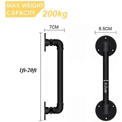 Industrial Water Pipe Stair Handrail Heavy Duty Wrought Iron Banister With Locking Brackets Straightforward Wall Mount, dimensions showing design.