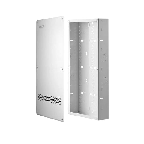 Slick 28 Inch In Wall Structured Media Enclosure Box With Dead Simple Screw On Cover For Hella Clean Wire Management showing white steel body and removable cover.