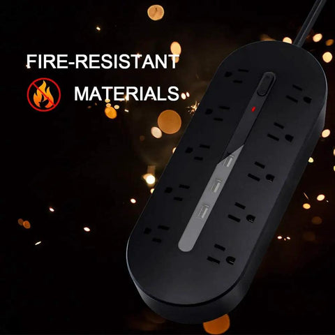 10 Outlet Power Strip With USB Ports and 1700J Surge Protector showcasing fire-resistant materials, wall mountable, space saving design.