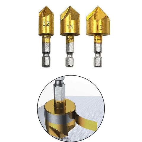 Three Piece Countersink Drill Bit Set 12 16 19 Mm With Hex Shank Pro Grade Titanium Coated High Speed Steel for woodworking, close-up