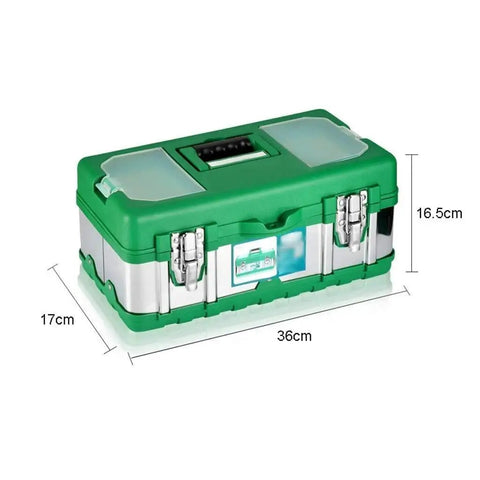 Green and silver Portable Stainless Steel Toolbox With Double Layer Design, Organizer Tray And Lock, heavy duty hardware storage box.