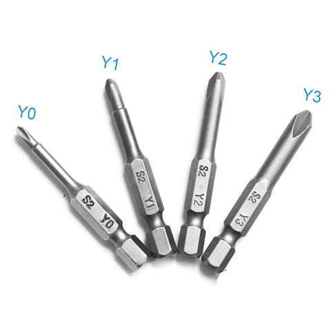 Hella Sturdy Heavy Duty Tri Wing Y Shaped Screwdriver Drill Bits Set Quarter Inch Hex Shank Magnetic S2 Steel Y0 Y1 Y2 Y3 tips.