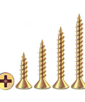 Badass Hardened Carbon Steel Self Tapping Wood Screws Featuring Smooth Countersunk Flat Heads Zinc Coated Finish, various sizes.